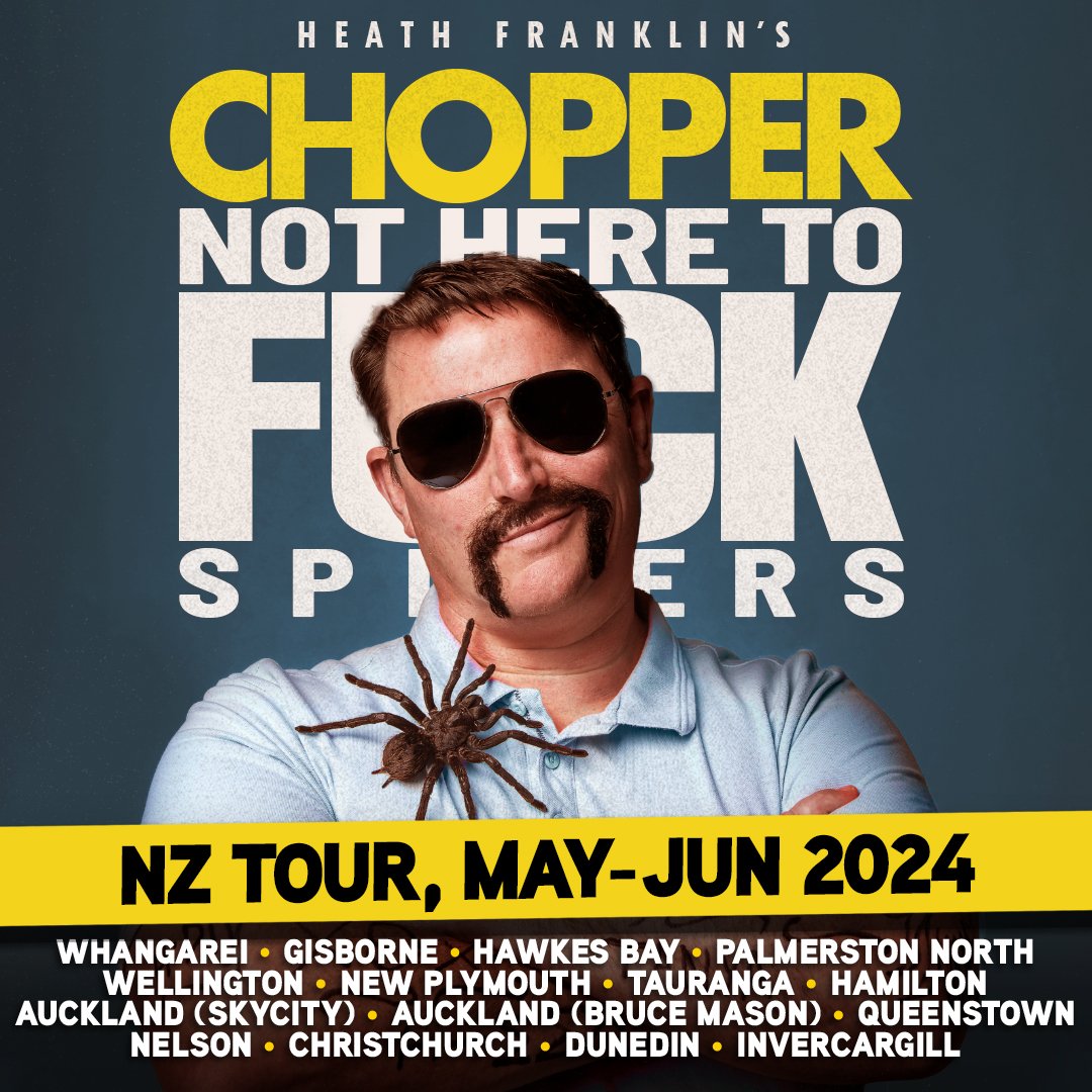 NZ bros. Kia ora bitches.
I'm back. 14 citiee and towns Kicking off like zombie's head this week. Get around it. 
bio.to/6OYYx8
#chopper #newzealand  #comedy #standupcomedy #notheretofuckspiders