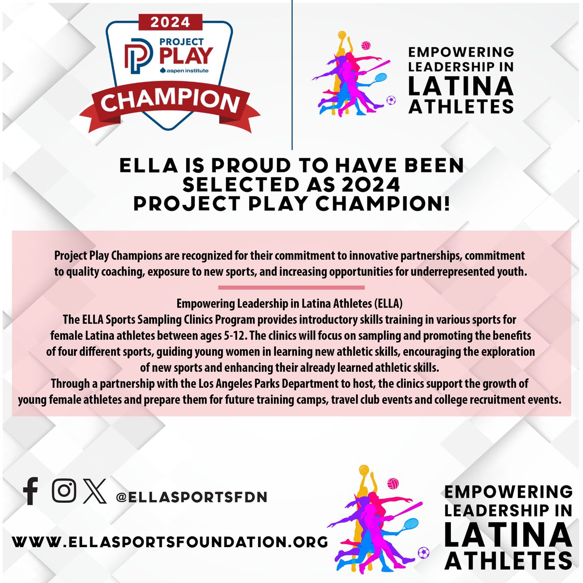 ellasportsfdn's tweet photo. ELLA is proud to have been selected as a 2024 Project Play Champion!

#projectplay  #ellasportsfoundation 
@AspenInstSports https://t.co/XQ5Vi6SRes