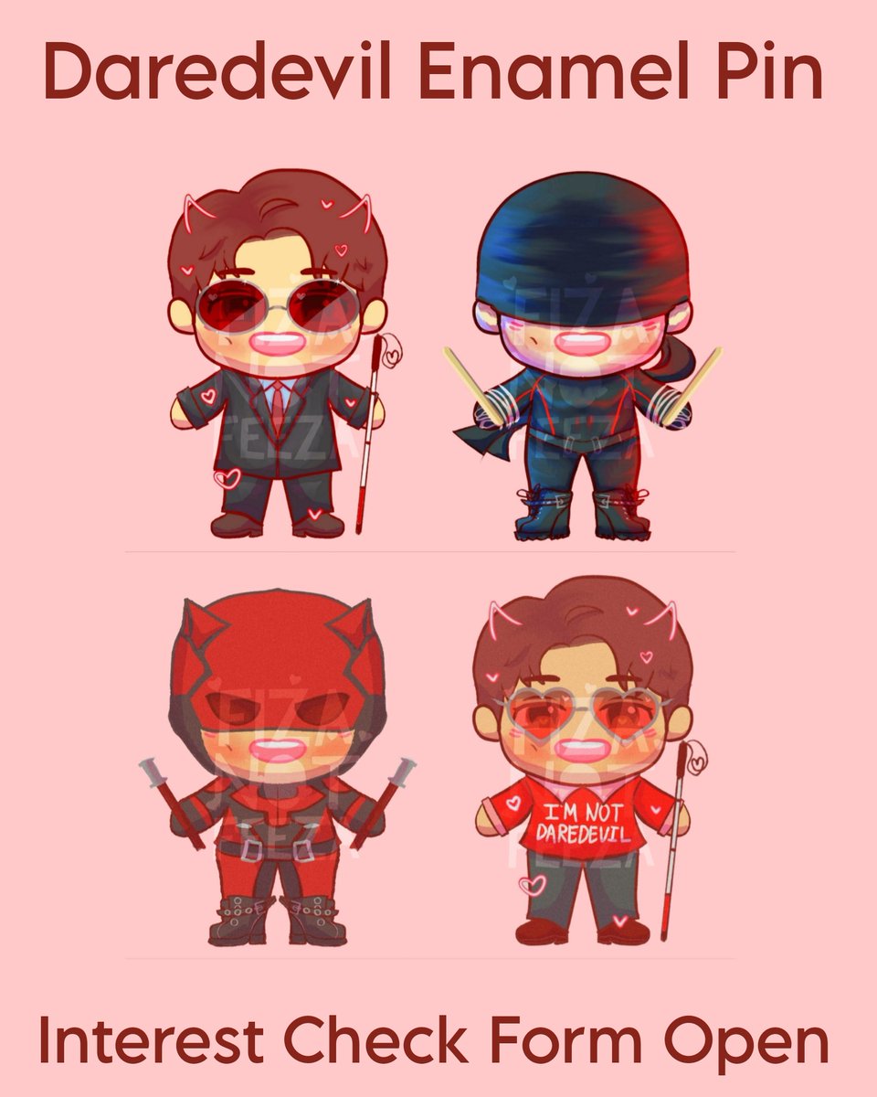 Hello!! Thinking about making these lil Daredevils into enamel pins!!
Fill out the interest check if you're interested!!
forms.gle/tti3YvK7cz6T8b…

#daredevilpins #mattmurdockpins #enamelpins #daredevilfanart