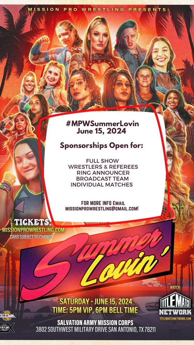 #SanAntonio! Do you have your ticket to the 🔥 show this Summer? Don’t miss #MPWSummerLovin on June 15th, featuring @thunderrosa22, @ItsIzzyMania, The King Bees & many more! 🎫: missionprowrestling.com 📺: @TitleMatchWN Sponsorships: 📧: missionprowrestling@gmail.com