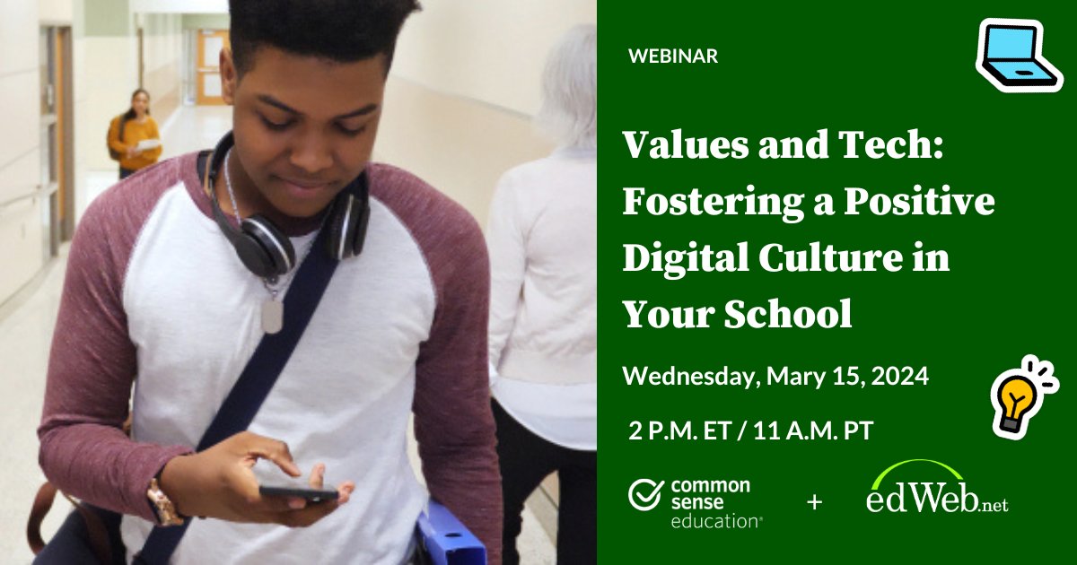 Join school leaders and educators to learn more about how to integrate digital well-being practices to support the values in your school community in this week's edWeb with our Common Sense Education team! Register today: home.edweb.net/webinar/common… #webinar #digitalwellbeing