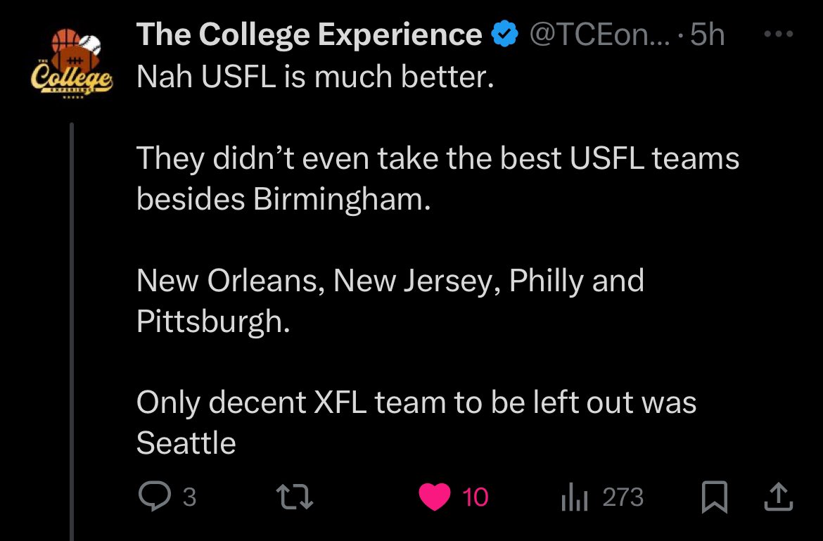 Could this be the BEST TAKE in SPRING FOOTBALL HISTORY 👀

Context: This was COMMENTED on a @SOTStallions Post Regarding the USFL and XFL Conferences POTENTIALLY Being .500 AGAINST EACH OTHER to Finish the Season‼️

#UFL2024