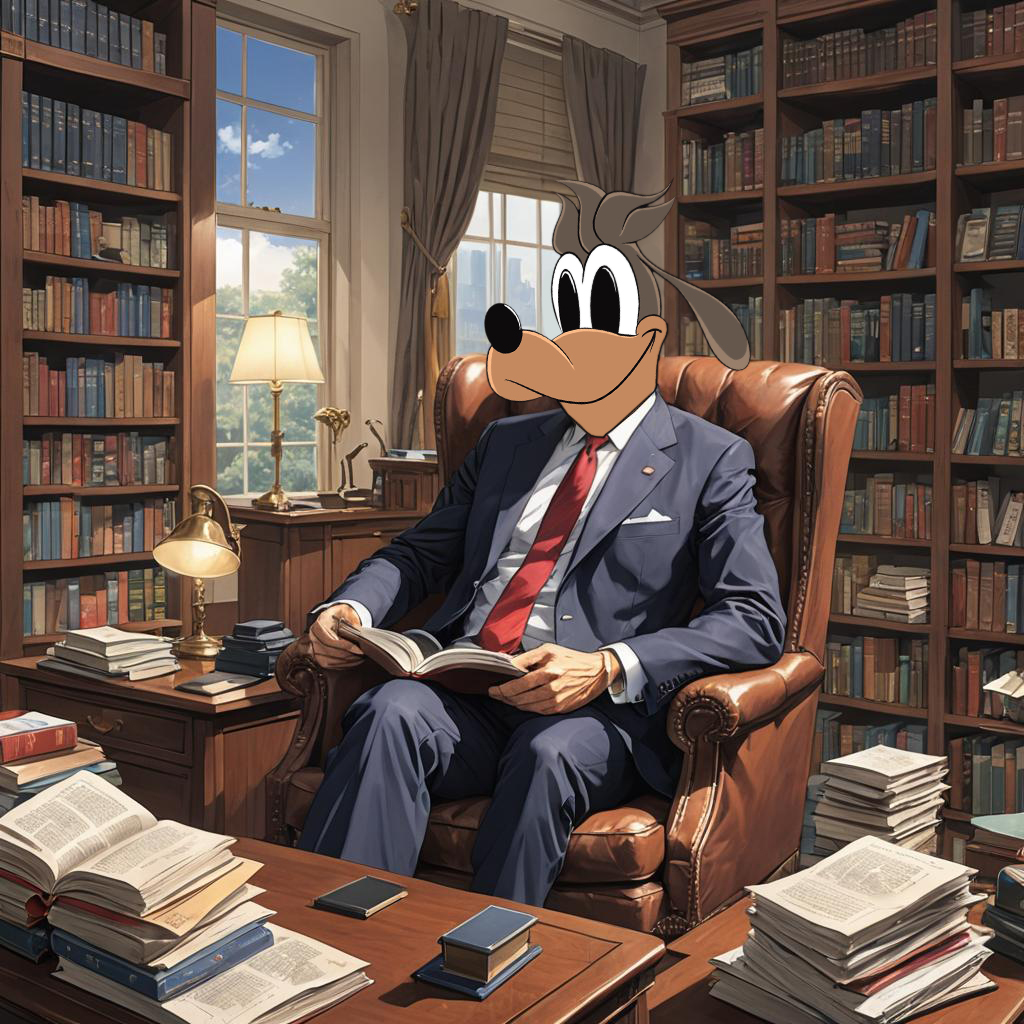 After a day of battling political dragons, #Guufy finds solace in 'The Peaceful Politician: A Guide to Serenity in Office'. 🌿📖 #GuufysForPresident #PeacefulPolitics