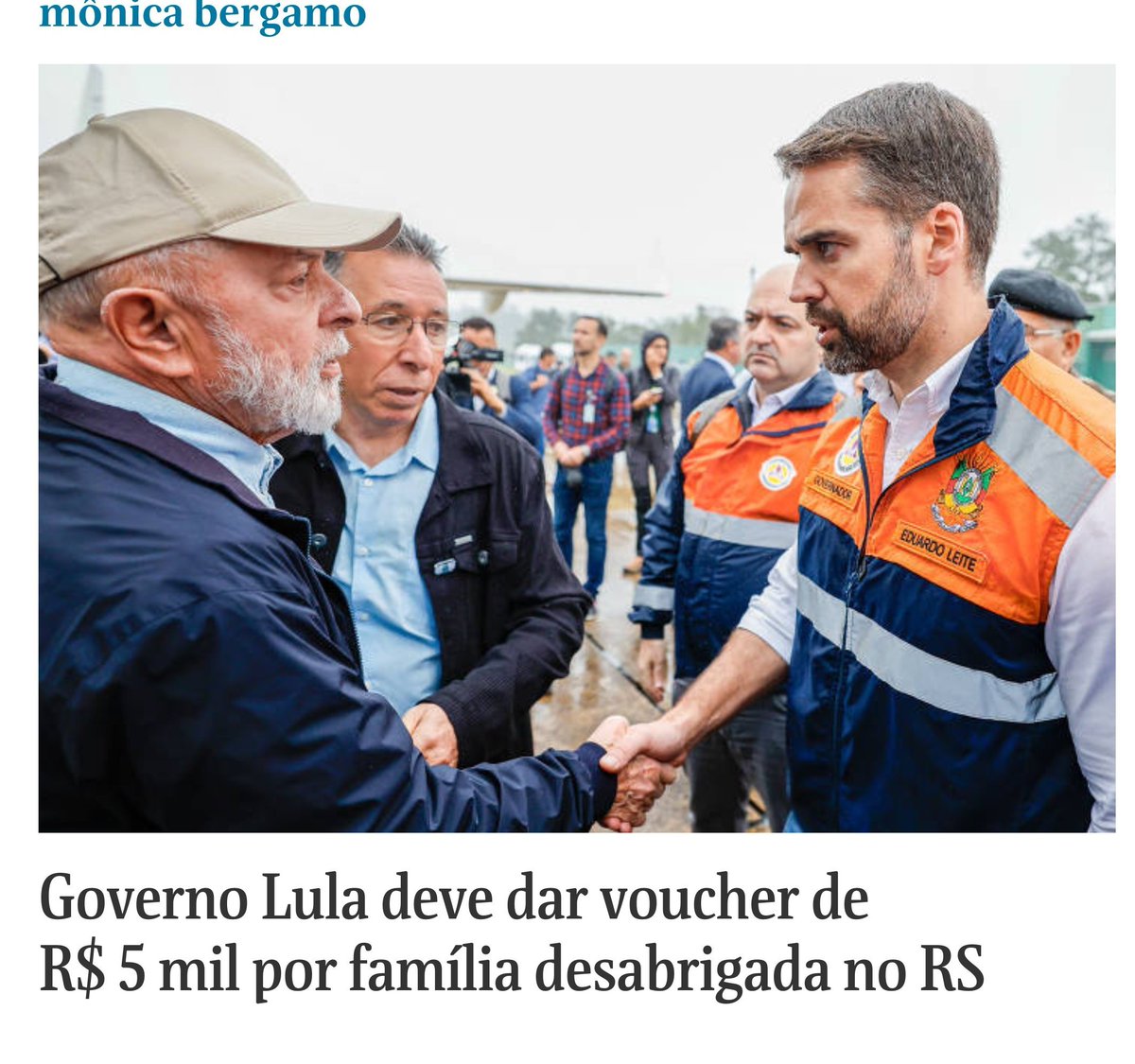 Governo Lula deve dar voucher de R$ 5 mil por família desabrigada no RS. A ideia é que 100 mil famílias sejam beneficiadas.

O voucher, no entanto, não terá restrições e as pessoas vão poder gastar no que acharem necessário.

GOVERNO LULA SALVA