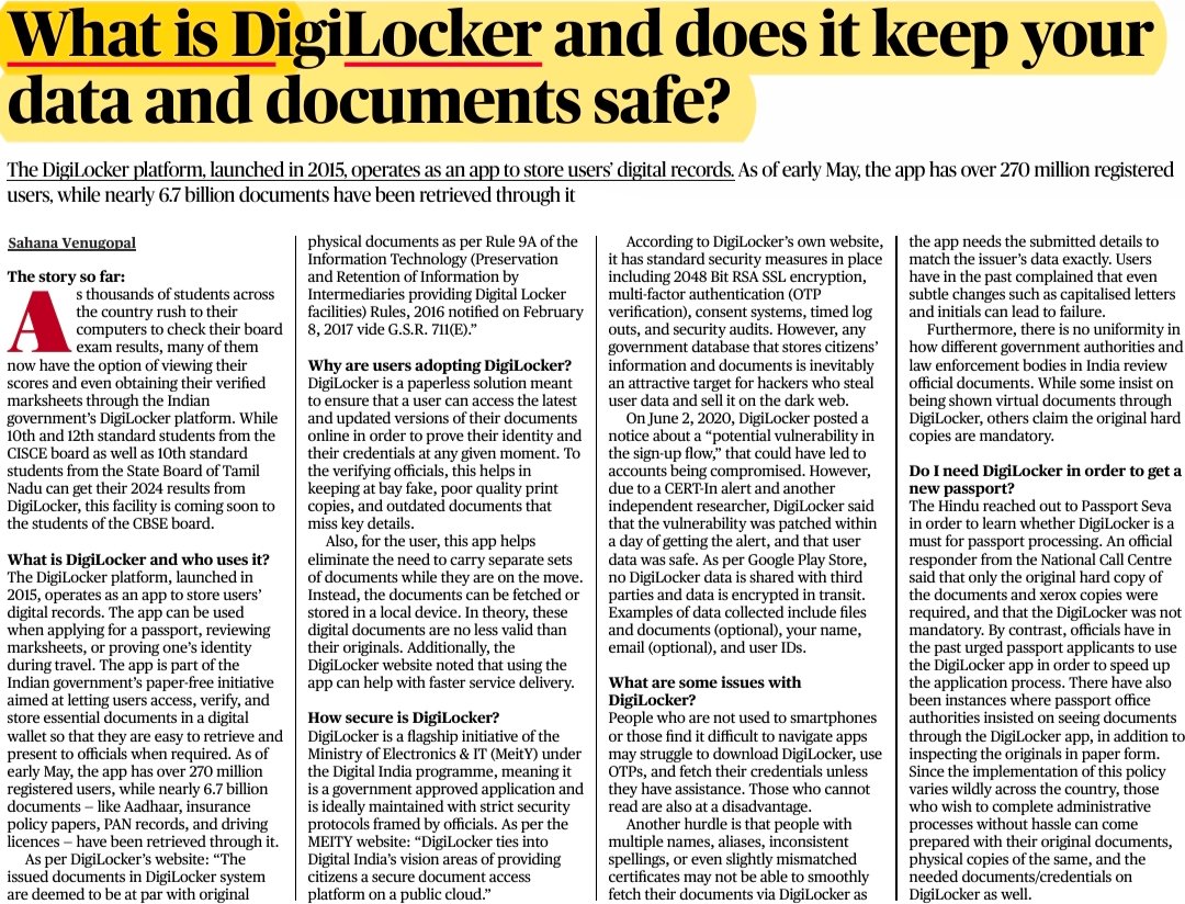 What is DigiLocker and does it keep your data and documents safe? 

Source: The Hindu 

Quick facts for #UPSCPrelims2024