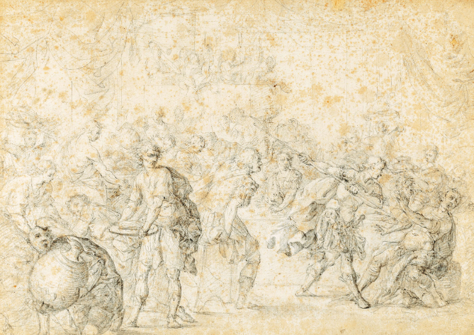 ElMuseoSoumaya's tweet image. Giulio #Pippi se inspiró en los “Himnos homéricos” para realizar esta escena de la Guerra de #Troya. El dibujo, en el que aparece Menelao con el cuerpo de Patroclo, guarda similitud con otro del mismo autor en la colección Deering.