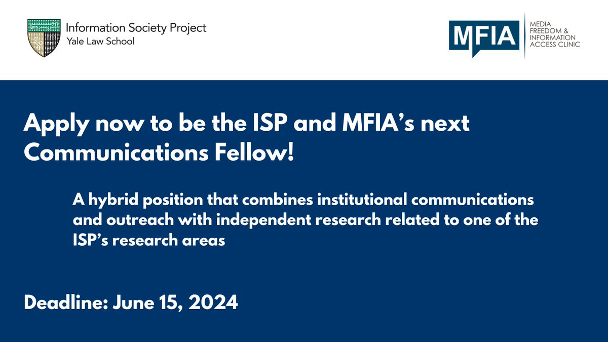 Are you a law, tech and society researcher with a knack for communications and outreach? Apply to be the ISP & @MFIAclinic's next Communications Fellow, a position that combines institutional comms with independent research! 📚📢 Deadline: June 15, 2024 law.yale.edu/isp/join-us#he…