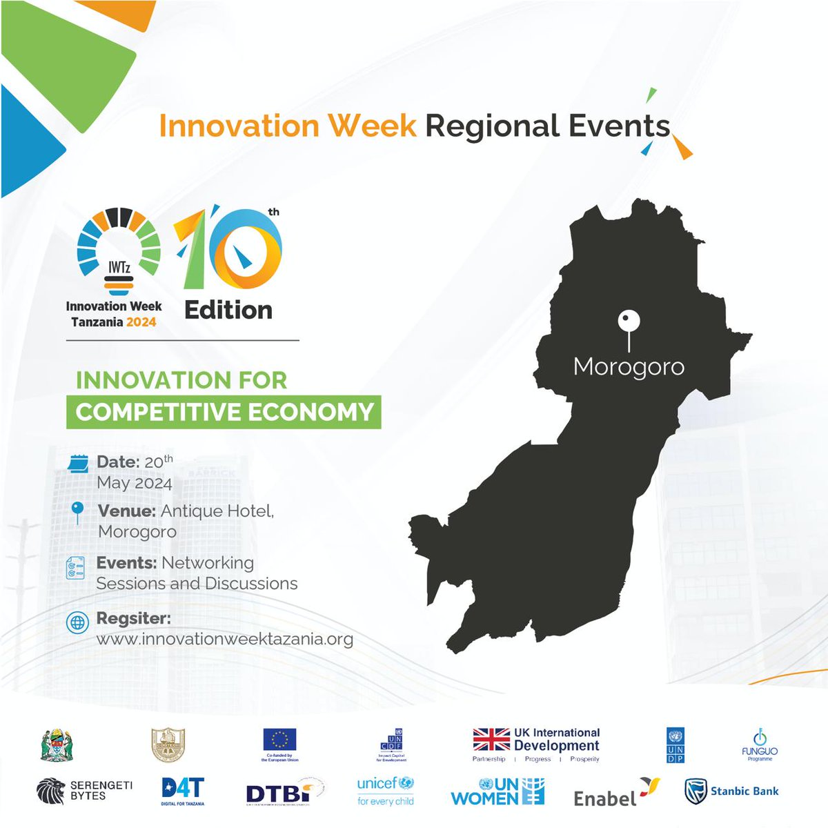 📣 Morogoro! Innovation Week Tanzania 2024 will be taking place in Morogoro on the 20th of May 2024, at the Antique Hotel! Don't miss out on the exciting networking and discussions around innovation! Mark your calendars and don't miss out on this extraordinary event! #IWTz2024