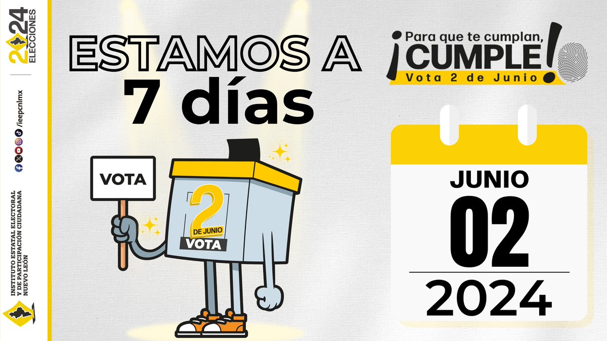 ieepcnlmx's tweet photo. Estamos a tan solo pocos días para vernos en las urnas, ven y emite tu voto este #2dejunio  🗳️

#Elecciones2024MX #EleccionInformada #SomosIEEPC #2deJunio #ParaQueTeCumplanCumple https://t.co/4UGUg8TGiA