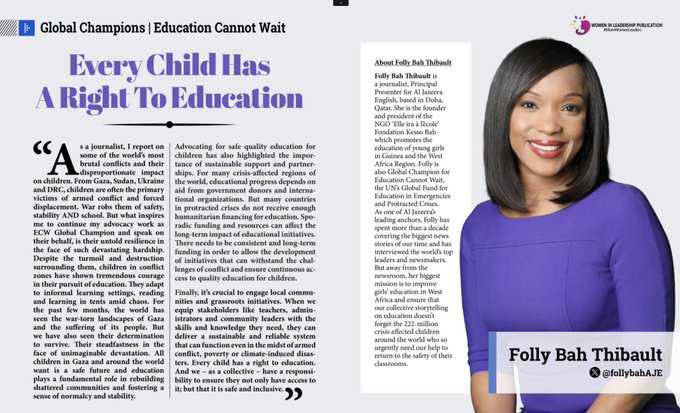 Don't miss @EduCannotWait 🌎Champion @FollyBahAJE in 2024 Spring issue of @WILPublication which features incredible game-changers and inspiring global leaders! Download your copy now👉cloud.3dissue.com/184930/185400/… @UN @AJEnglish @BMZ_Bund @NoradNO @AFD_En #222MillionDreams✨📚