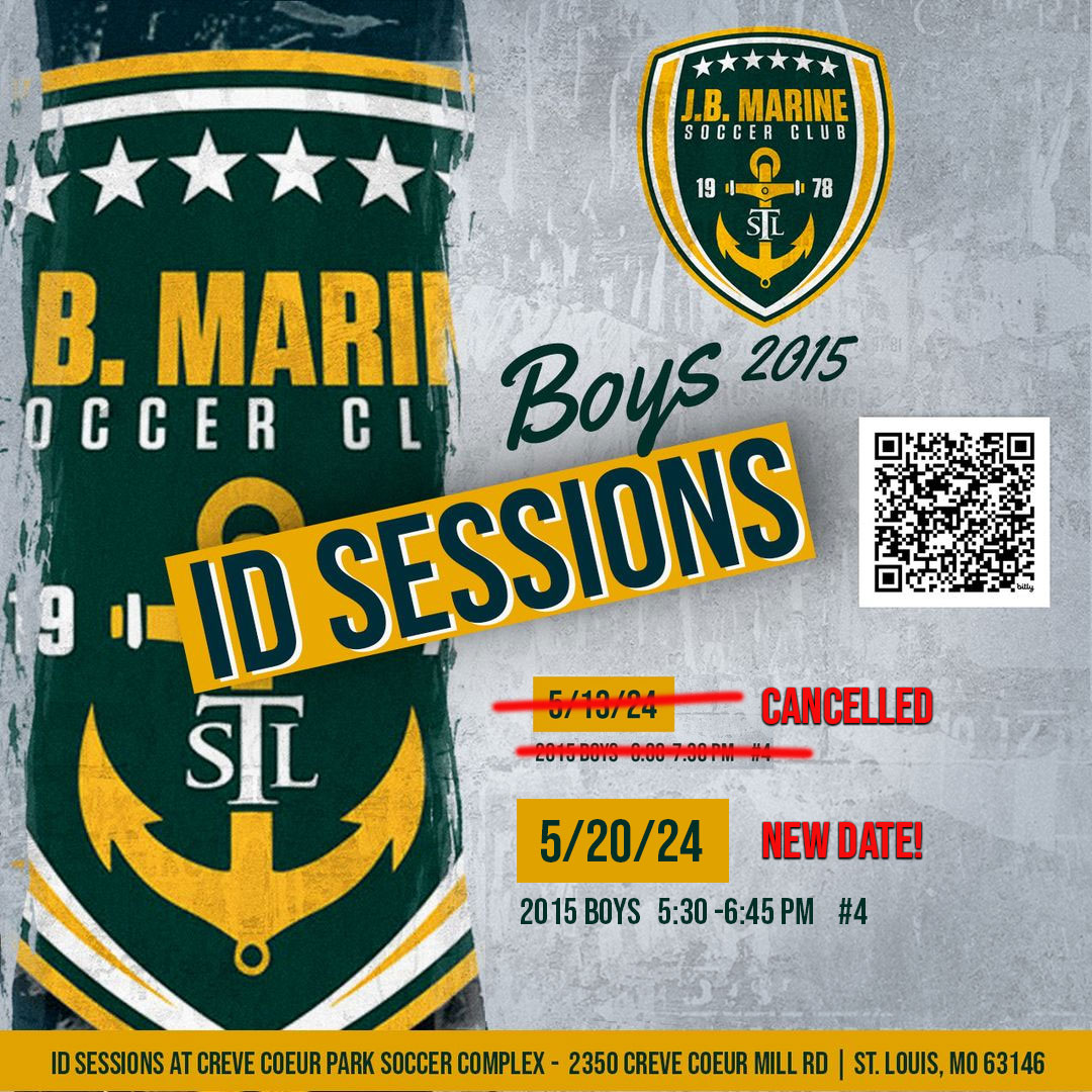 ⚽ 2015 BOYS OPEN ID SESSIONS CANCELLED FOR THIS EVENING! Check out our website today at jbmarinesc.com/kickarounds-tr… for the latest information and how to register for the rescheduled event on 5/20/2024