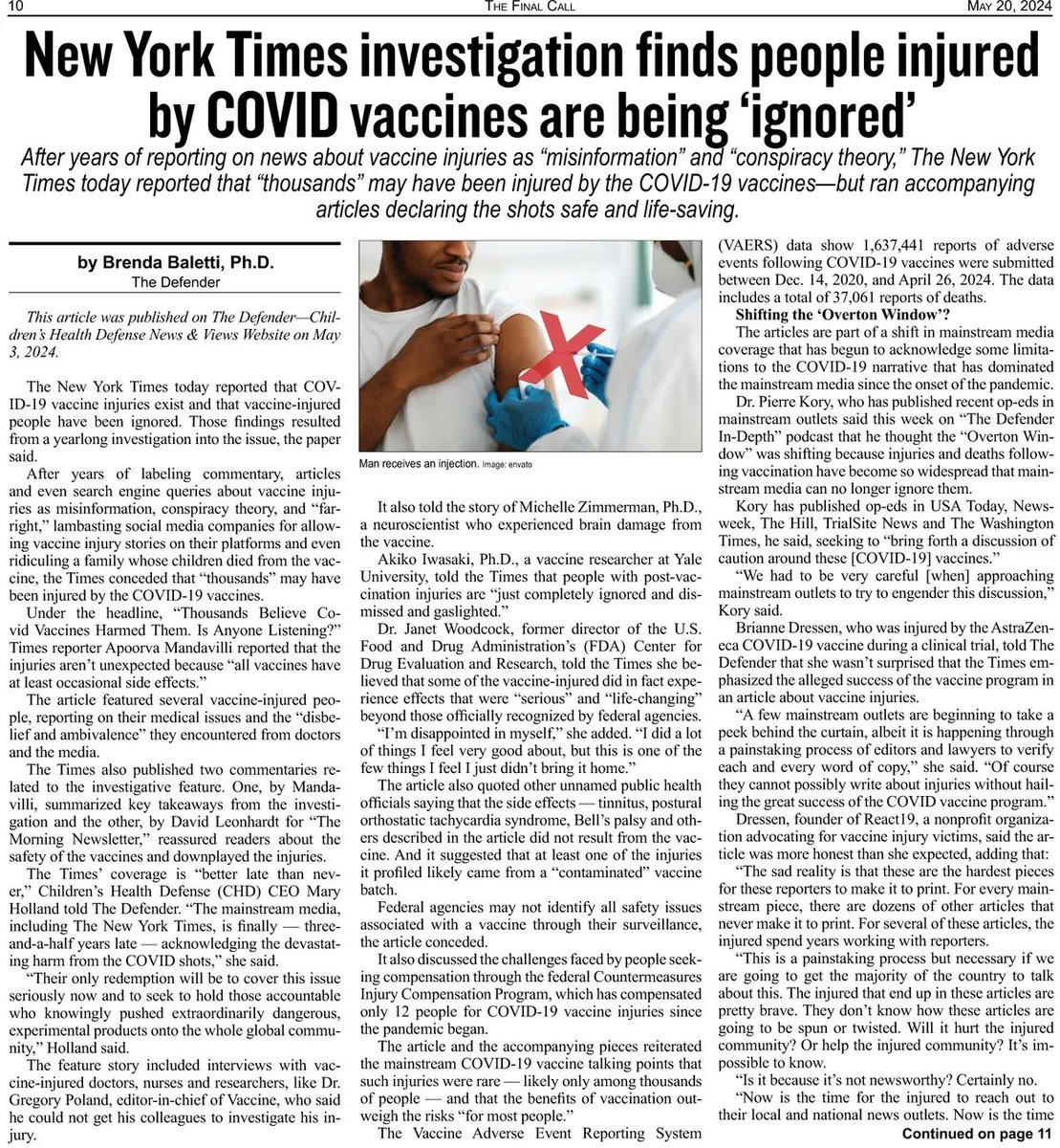 New York Times investigation finds people injured by COVID vaccines are being ‘ignored’ Read article @ finalcalldigital.com/articles/new-y… #TheFinalCall #Farrakhan #91Years #StillStandingGuidingWarning