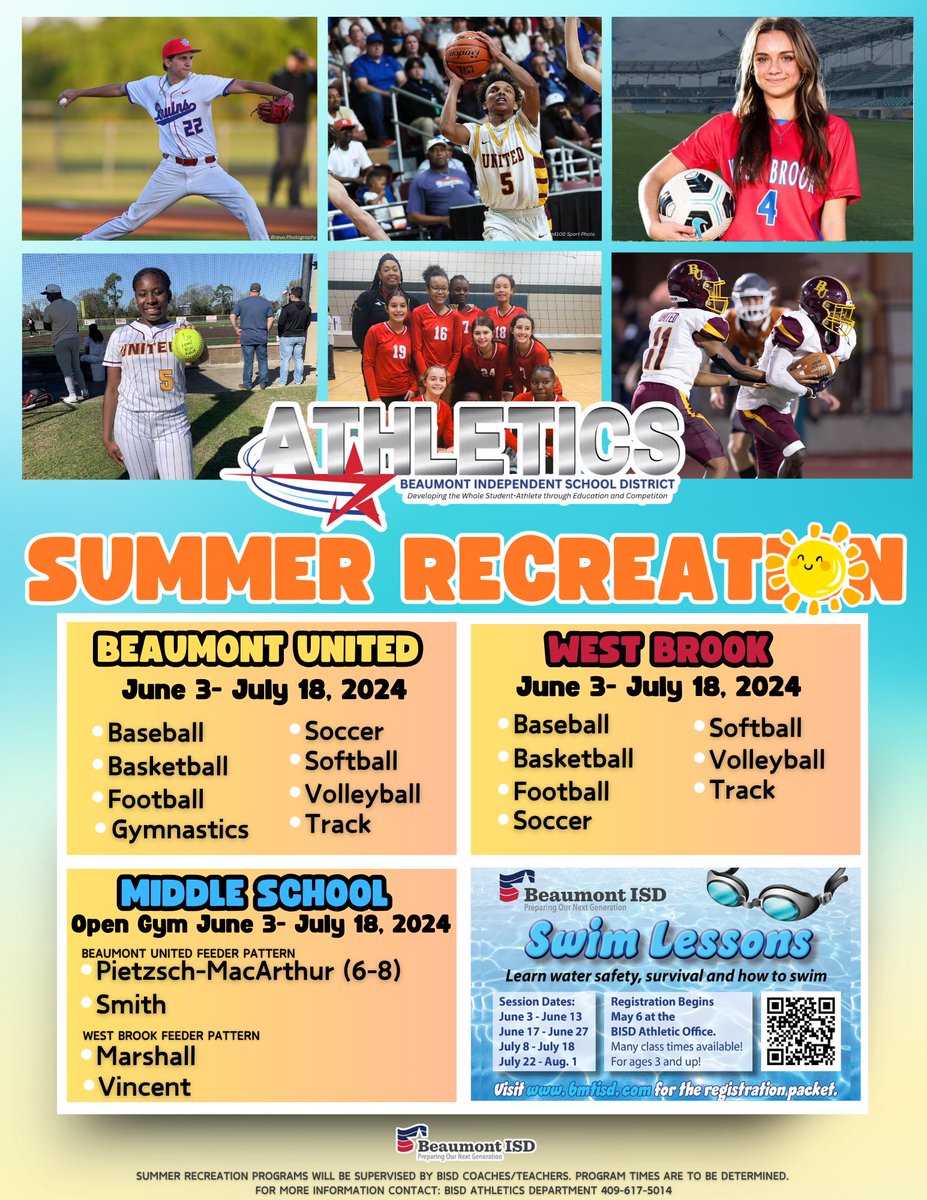 Fill your summer with excitement and make plans to participate in the Beaumont ISD Athletics Summer Recreation programs! Learn more about ALL of our BISD summer activities and programs by visiting bmtisd.com/summer2024