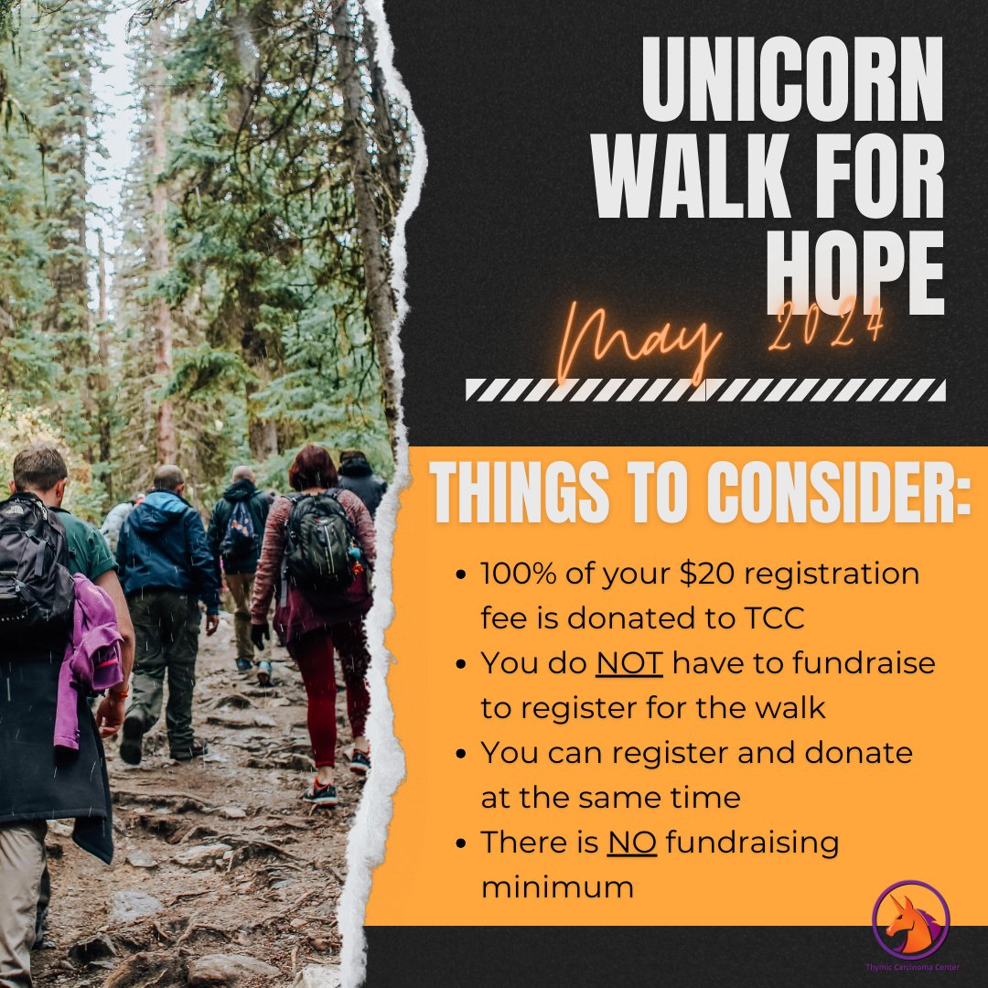 This May we're walking in support of thymic carcinoma patients and their caregivers!

It's not too late to join! Register now at ow.ly/1SIs50RCXOr

#WalkForACause #ThymicCancerAwarenessMonth #RaiseAwareness #UnicornWalkForHope