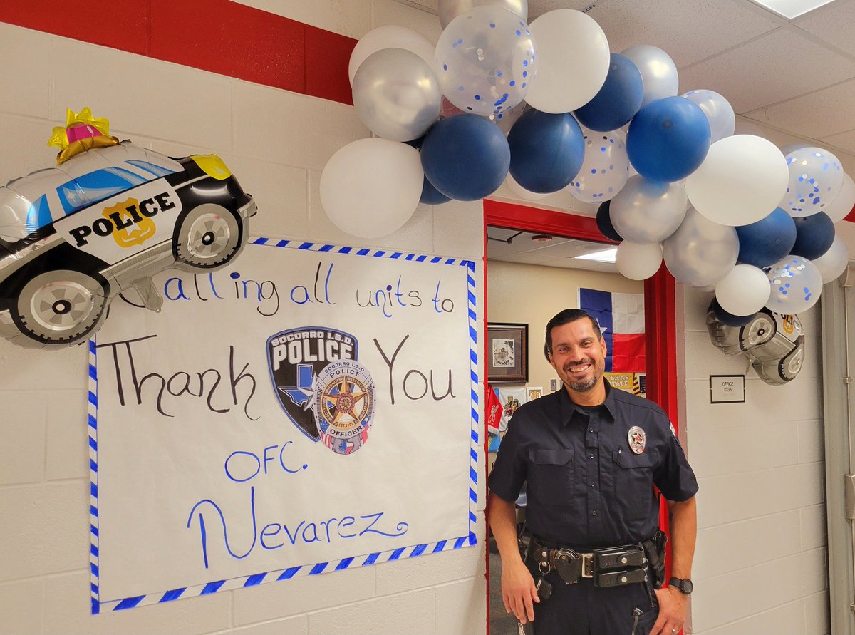 Calling all units, to thank Ofc.Nevarez for all he does for our Dalmatians! He makes our campus safer and every student knows he is there to help as well as protect them. We couldn't be more grateful for our @SOCORROISDPD1 department and Ofc.Nevarez!