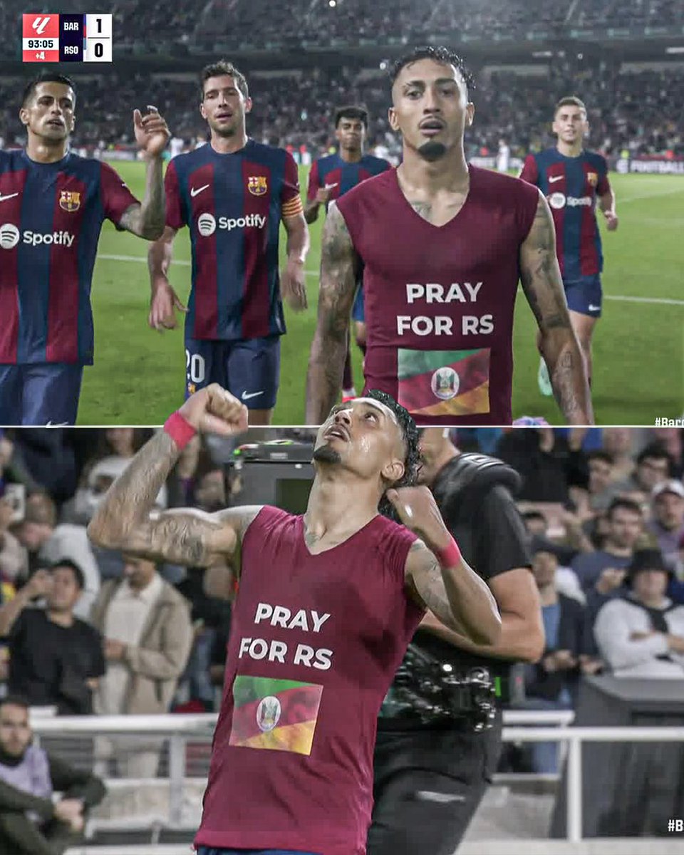 After making it 2-0 for Barcelona against Real Sociedad, Raphinha revealed a 'Pray For RS' shirt under his kit, after Brazil's state of Rio Grande do Sul has been devastated by heavy floods 🙏