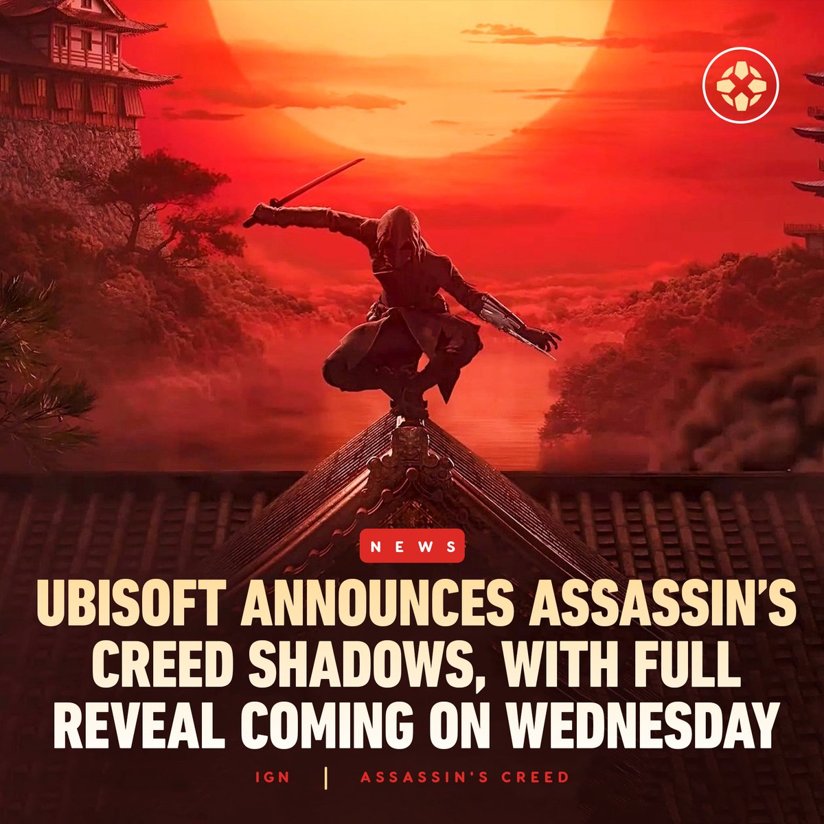 IGN's tweet photo. Assassin's Creed: Shadows, previously known as Codename Red, will unveil its first official trailer on Wednesday. It is the first game in the franchise to be set in Feudal Japan. https://t.co/8qUkI635dR https://t.co/rsIA9bhwVO