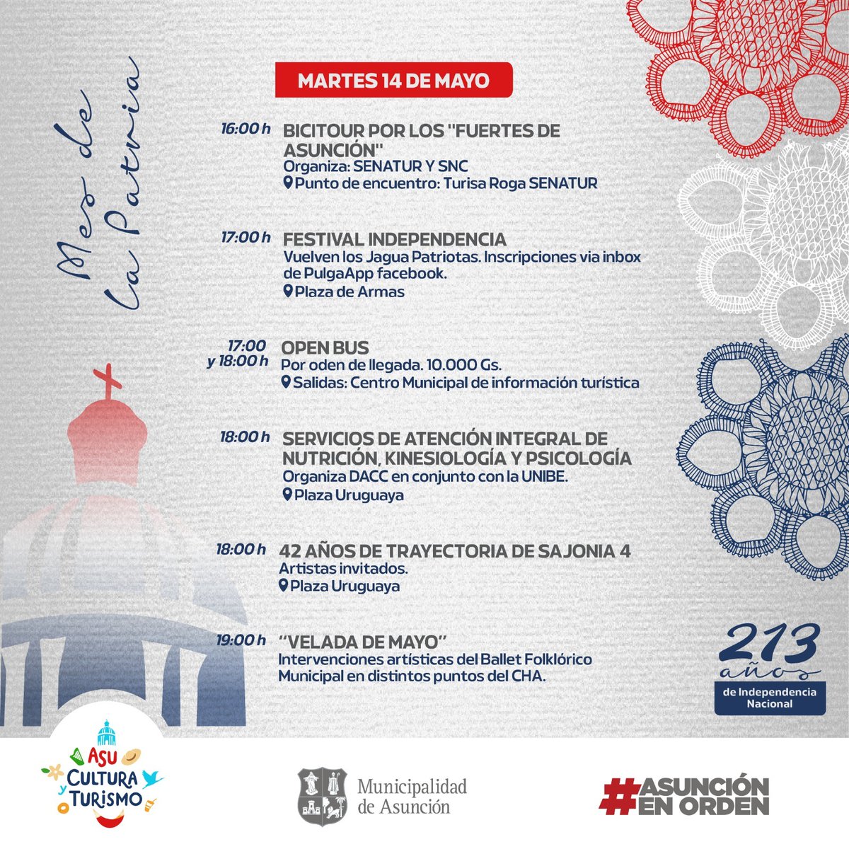 AsuncionMuni's tweet photo. ¡Agenda repleta de actividades por las #FiestasPatrias #213Py! 🇵🇾🥳
Participá de las actividades que preparamos para mañana, que se realizarán desde bien temprano para vos.
Elegí una opción y date una vuelta por el Centro Histórico y la Costanera de Asunción: ⤵️ https://t.co/HHsFB6tsr4