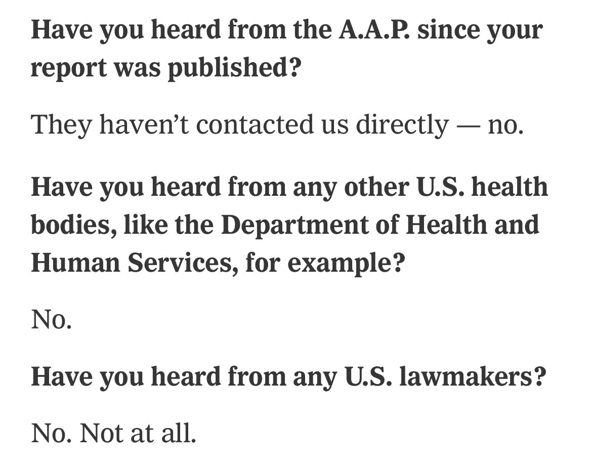 From Azeen Ghorayshi’s interview with Dr. Hilary Cass in the NYT. The most comprehensive report ever produced on youth gender medicine, 388 pages long and based on 7 systematic reviews of evidence, and U.S. medical authorities couldn’t care less. Astounding.