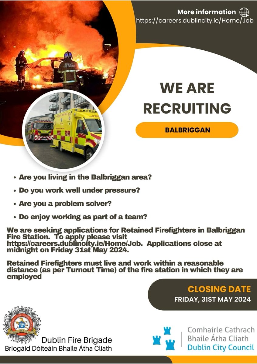 Are you a Balbriggan resident? We are currently recruiting for Retained Firefighters in Balbriggan Candidates must live and work within a reasonable distance (as per turnout time) of Balbriggan Fire Station