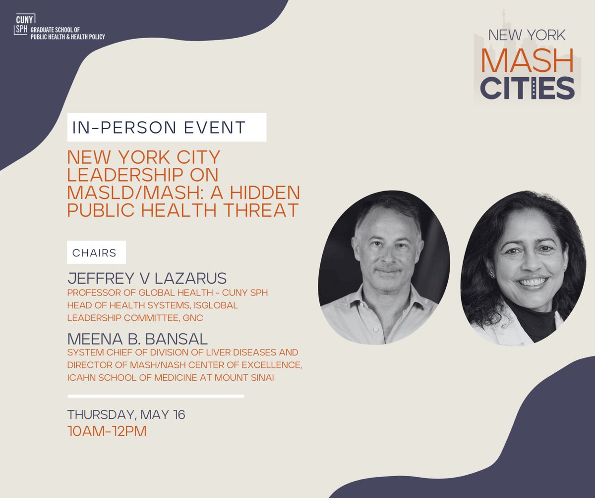 MountSinaiLiver's tweet photo. Join Dr. Meena Bansal at the inaugural event of the #MASH Cities Series - #NYCMASH.
π Thursday, May 16, 2024 (10 AM - 12 PM)
π 7th-floor auditorium at CUNY SPH - 55 W 125th St, New York City https://t.co/pnVbDdtalP