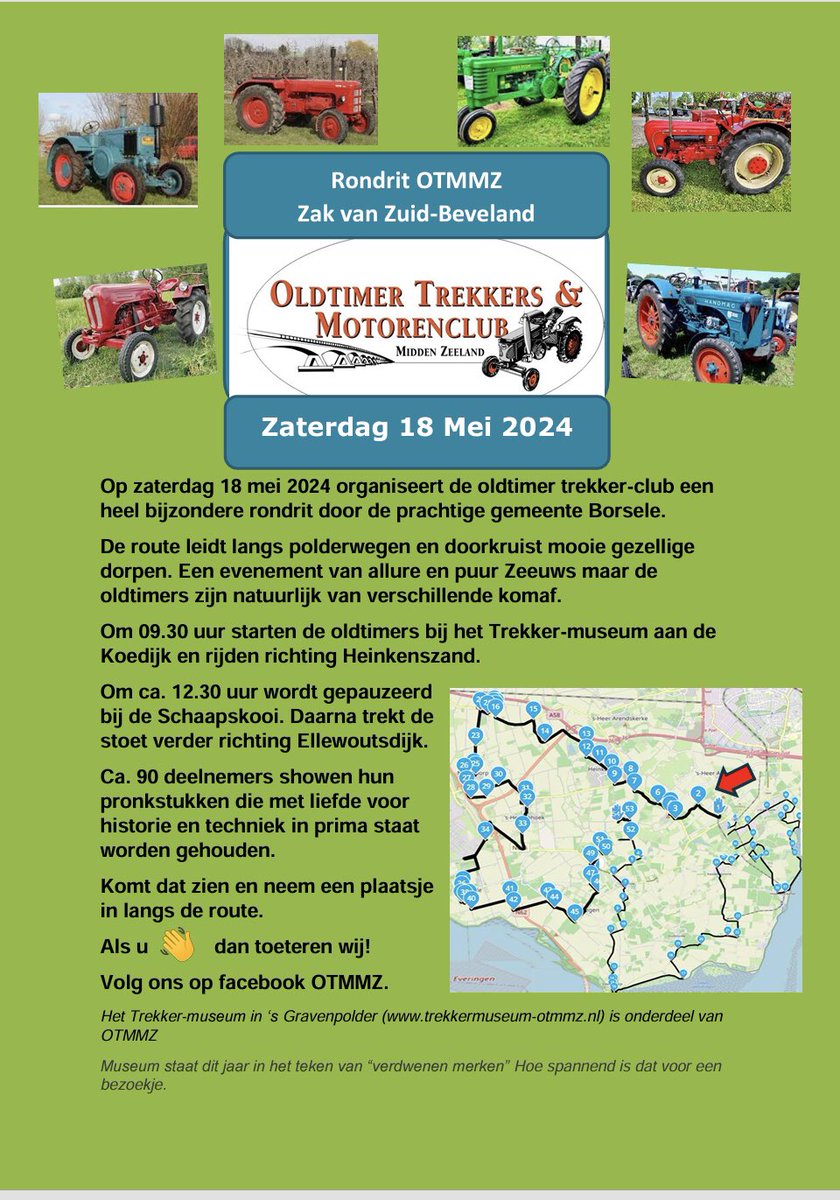 Zaterdag 18 mei rondrit door de Zak van Zuid-Beveland. 
Waar rijden de trekkers? 

maps.app.goo.gl/qDtg5dXeTrn518…

Vertrek 9.30 uur <a href="/trekkermuseum/">Trekkermuseum OTMMZ</a>