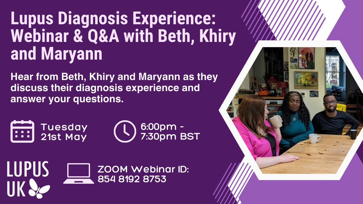 #WEBINAR ALERT!👩‍💻

On #WorldLupusDay, we launched a video featuring Beth, Khiry and Maryann who shared their experiences receiving a diagnosis for #lupus. 
Join us next Tuesday as they discuss their diagnosis experience and answer your questions!

We hope to see you there!