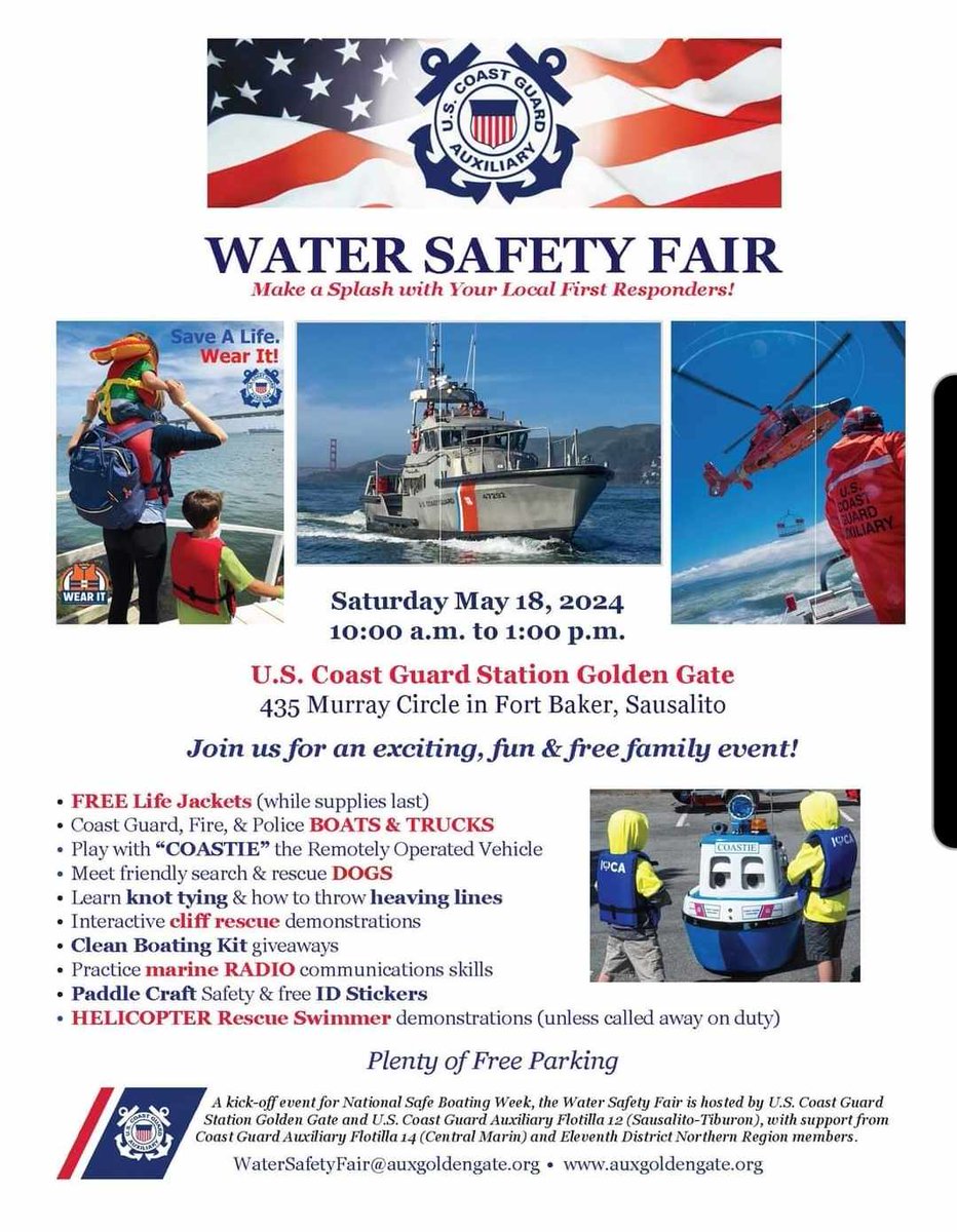 Get ready for the traditional boating season and kickoff #nationalsafeboatingweek at U.S. Coast Guard Station Golden Gate 435 Murray Circle in Fort Baker, Sausalito. 
 Free fun for the entire family! https://t.co/eTS6YHGK5I