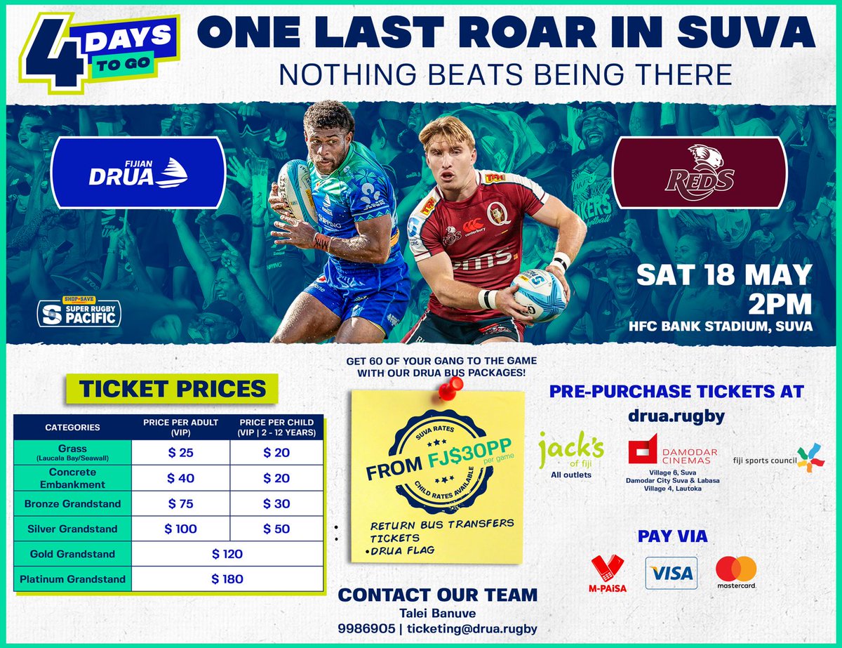 4️⃣ DAYS TO GO‼️ Pre-purchase @ drua.rugby 🎟also available ⤵️ 📍Jack's of Fiji 📍Fiji Sports Council 📍Lautoka City Council 📍Village 4 and 6 📍Damodar Cinemas, Suva and Labasa Don't miss out. #TosoDrua #pacificausports