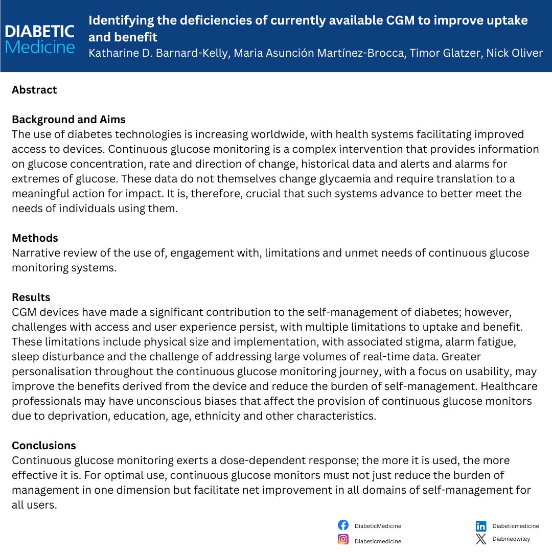 Identifying the deficiencies of currently available #CGM to improve uptake and benefit by Katharine D. Barnard-Kelly et al. 🔗doi.org/10.1111/dme.15… #diabetes #glycaemia #exercise