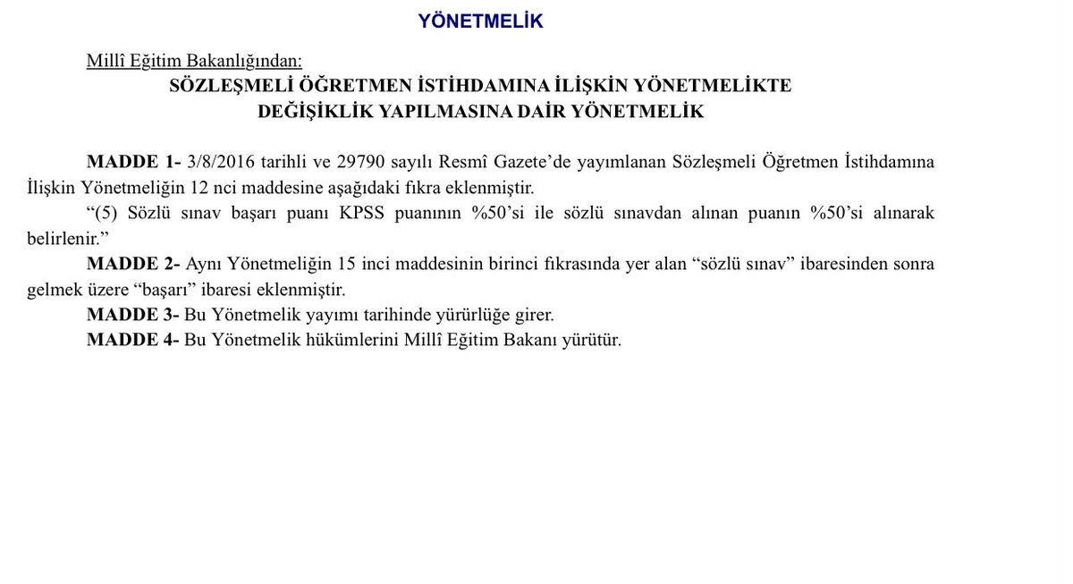 Sözleşmeli Öğretmen İstihdamına ilişkin yönetmelikte değişiklik yapılarak atama için gerekli başarı puanı KPSS %50 ile sözlü sınav puanın %50’si alınarak hesaplanması yönetmeliğe eklendi. Bu düzenleme gerçeği değiştirmiyor; mülakat istenenin atanması demektir. #MülakataHayır