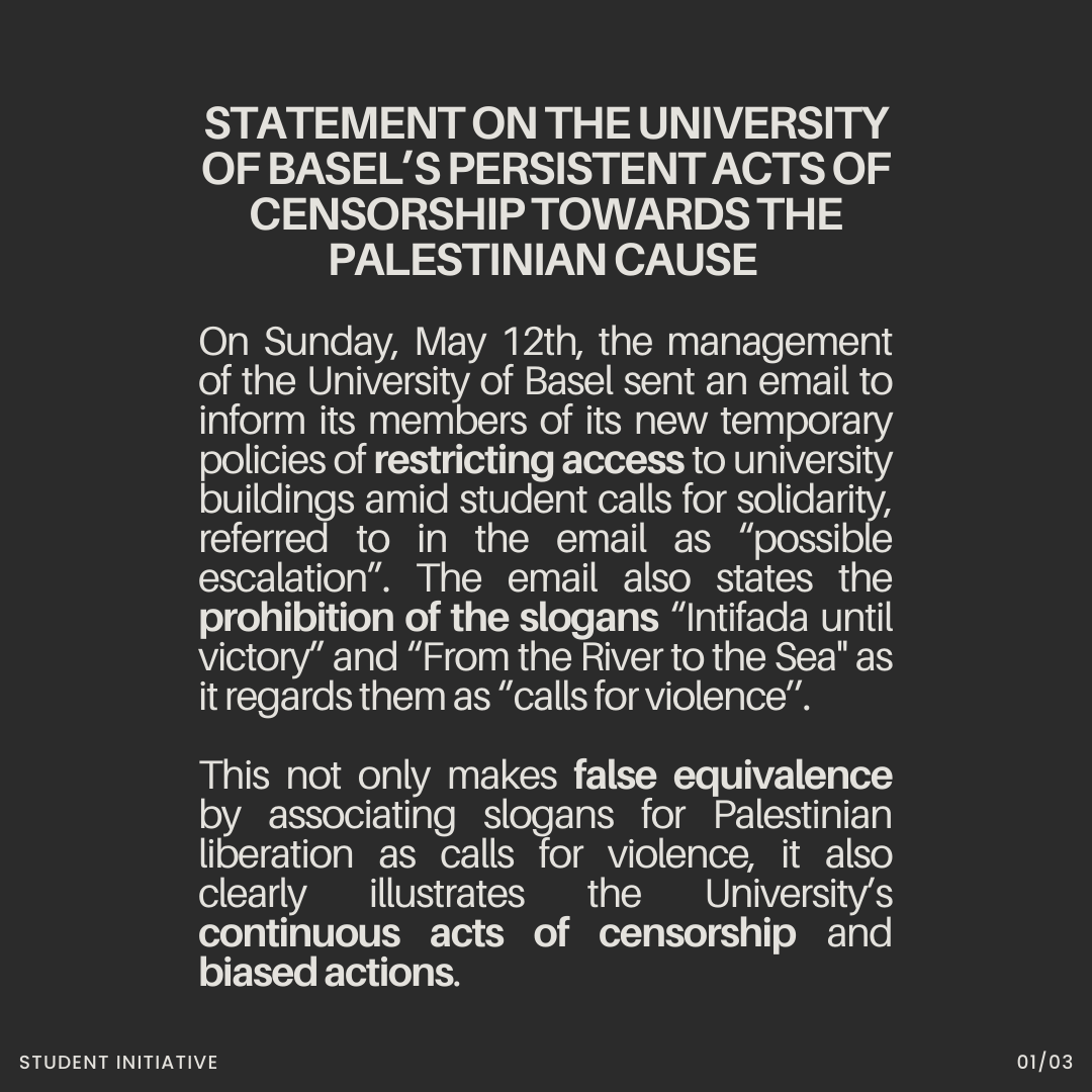 studinitiative's tweet photo. Statement on #Censorship at the University of Basel!
#Palestine #ceasefire #EndTheOccupation #StudentProtests https://t.co/D4HEKsVp3s