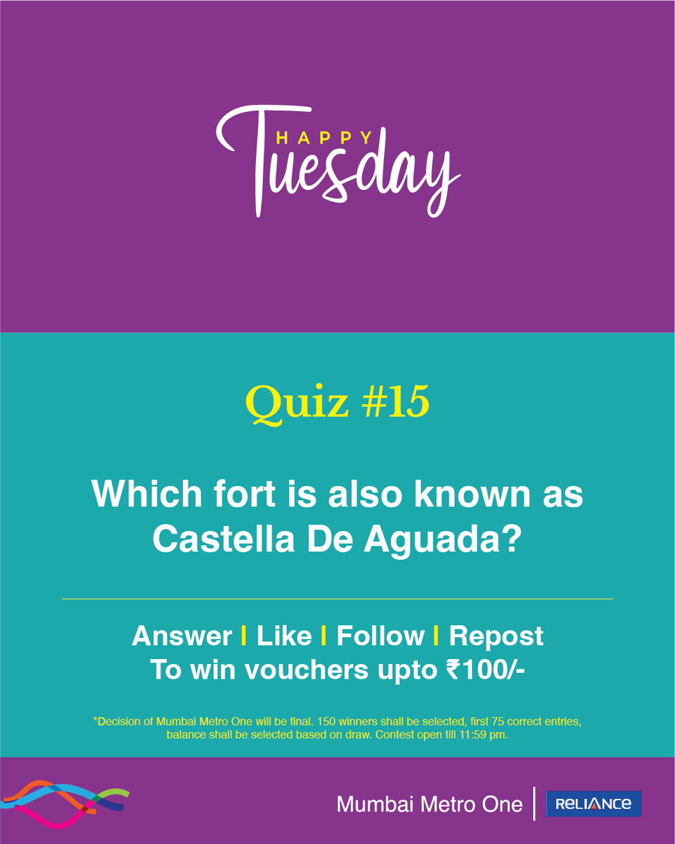 #HappyTuesday quiz is here! The 15th edition is about a famous fort which was built by the Portuguese in 1640 as a watchtower overlooking the Arabian Sea. Answer, Like, Follow & Repost (all mandatory) to win. #ContestAlert #Giveaways #Voucher #MumbaiMetro