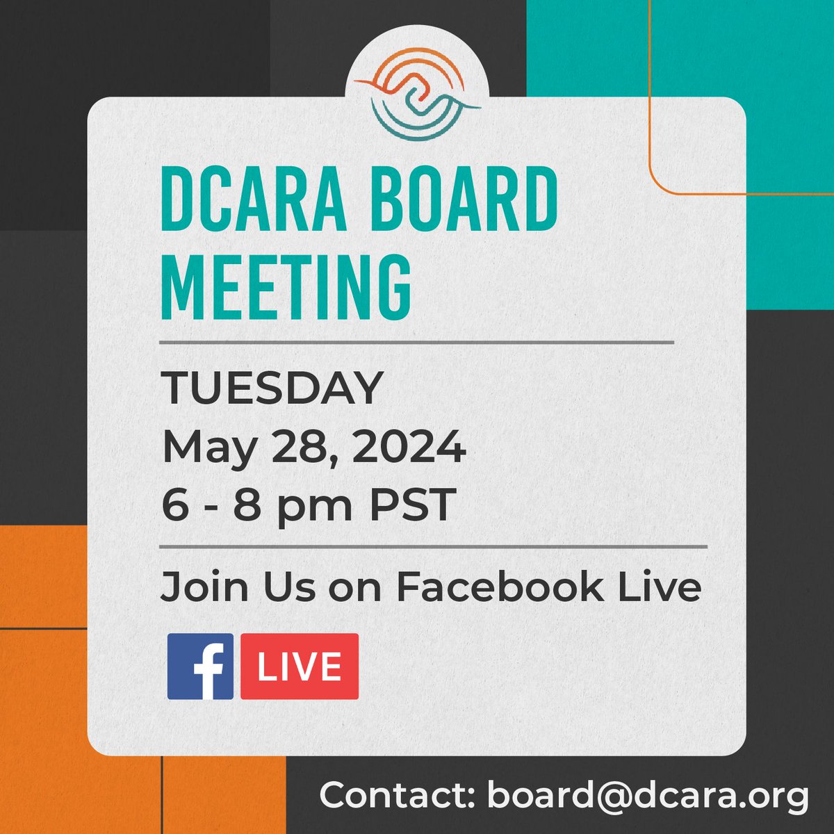 [DCARA BOARD MEETING ANNOUNCEMENT]
Come and join our DCARA Board Meeting on Tuesday, May 28, 2024 on Facebook Live
When: Tuesday, May 28, 2024

Time: 6 - 8 PM PST
Where: Facebook Live facebook.com/DCARA1962

[AGENDA]
Coming soon

#DCARABoard #DeafCommunity #DCARA1962