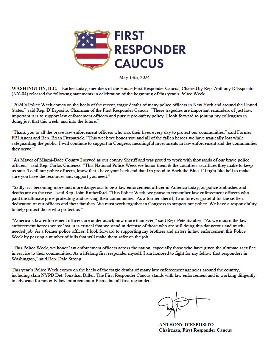 As we begin #PoliceWeek, I was honored to join other members of the House First Responder Caucus in expressing our support for law enforcement. These brave men and women deserve nothing but Congress’s full support, this week and all weeks. 🇺🇸