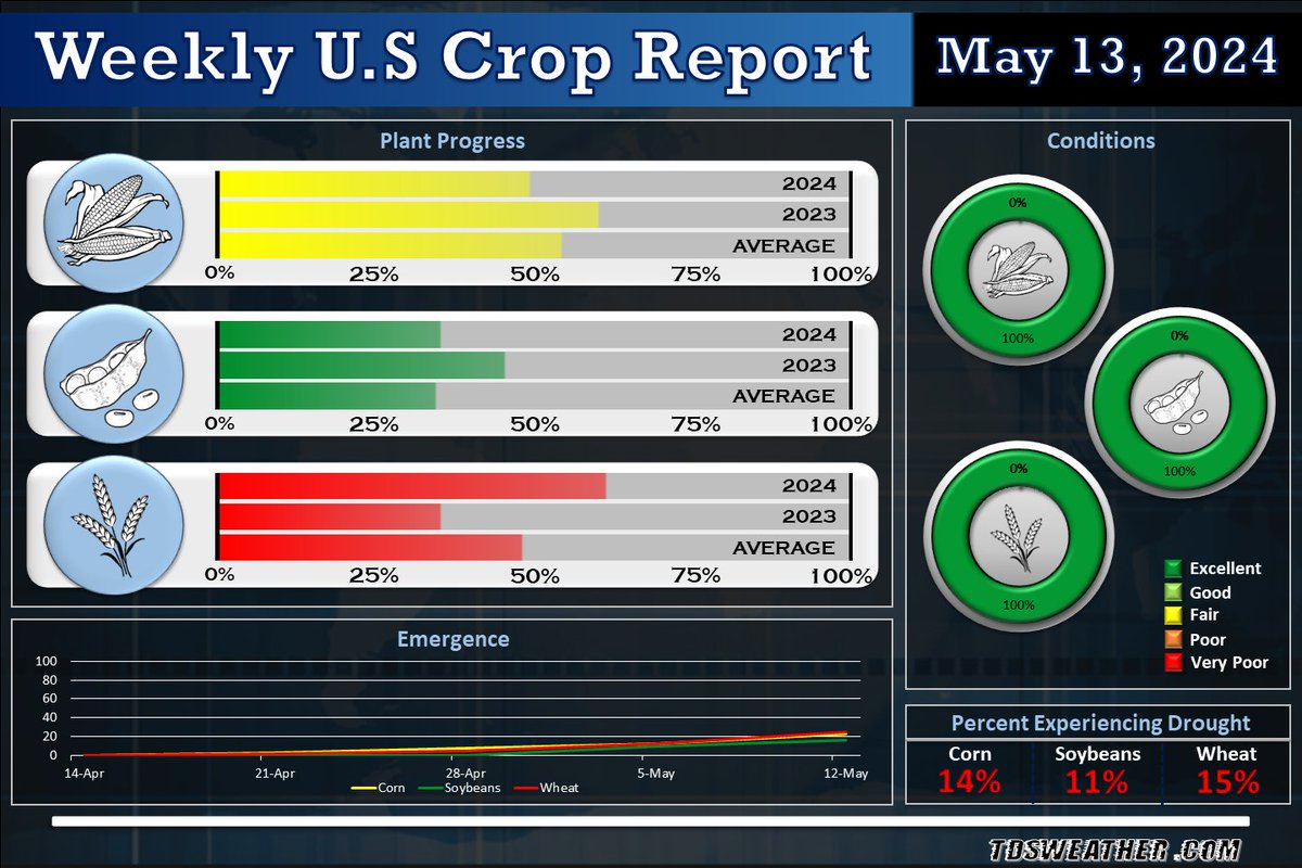 Weekly US #Crop Report: 
🌽 #Corn planting slacking behind last year and average, but 5% less now under #drought conditions
🫘 #Soybeans near average for #Plant24 and 6% less in drought
🌱 #Wheat ahead of schedule and a decrease of 12% drought conditions

#AGwx #Ag #weather