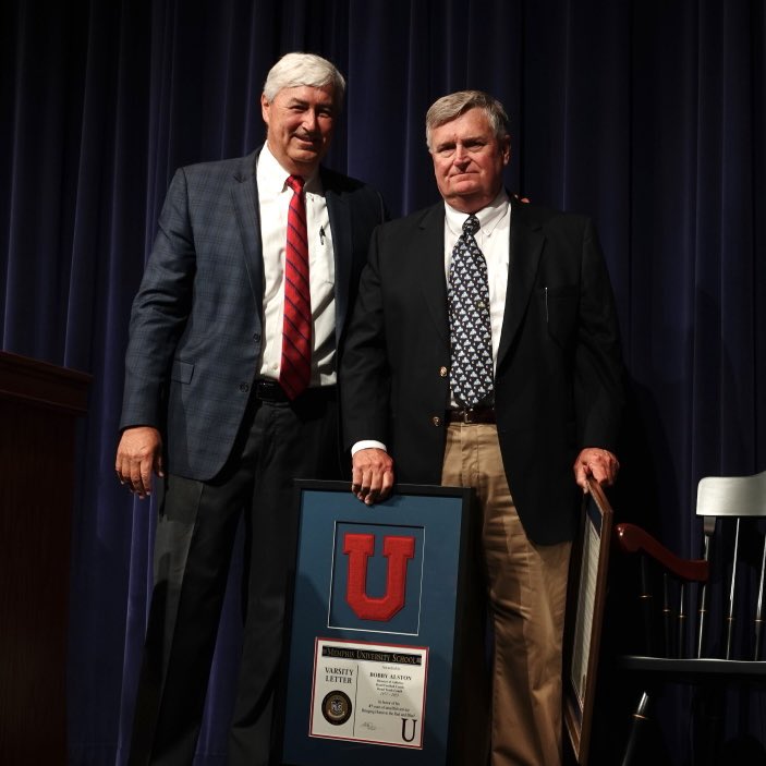 Coach Bobby Alston was presented with an honorary varsity letter by Board of Trustees Chairman Jim Burnett ‘83 during Friday’s retirement chapel, recognizing his 47 years bringing honor to the Red and Blue! #GoOwls