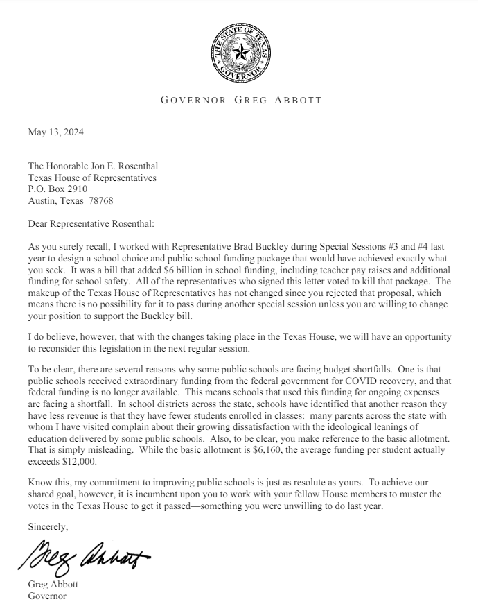 New: @GovAbbott responds to the @TexasHDC members who asked him to call a special session to address ISD budget shortfalls. #txlege