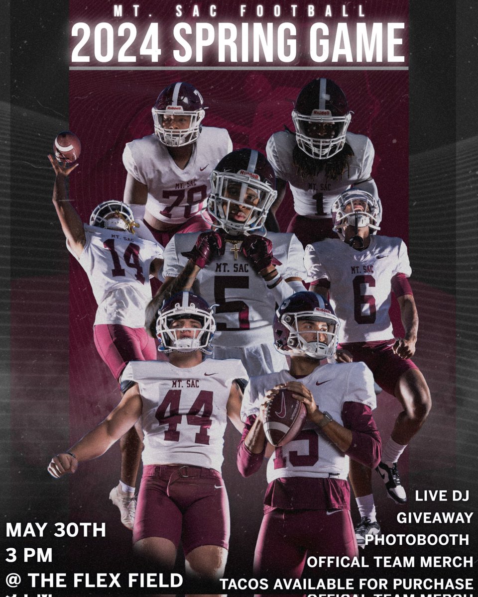 On May 30th @ 3pm, enjoy awesome music, official football merch, participate in giveaways, & get yourself a taco plate. Plus get a sneek peek at the 2024 Mt. SAC Football Team. See you there!!! #SACDAWGS4LIFE #WhereTheBestAthletesCompete #MtSACFootball2024SpringGame #BORN2WIN