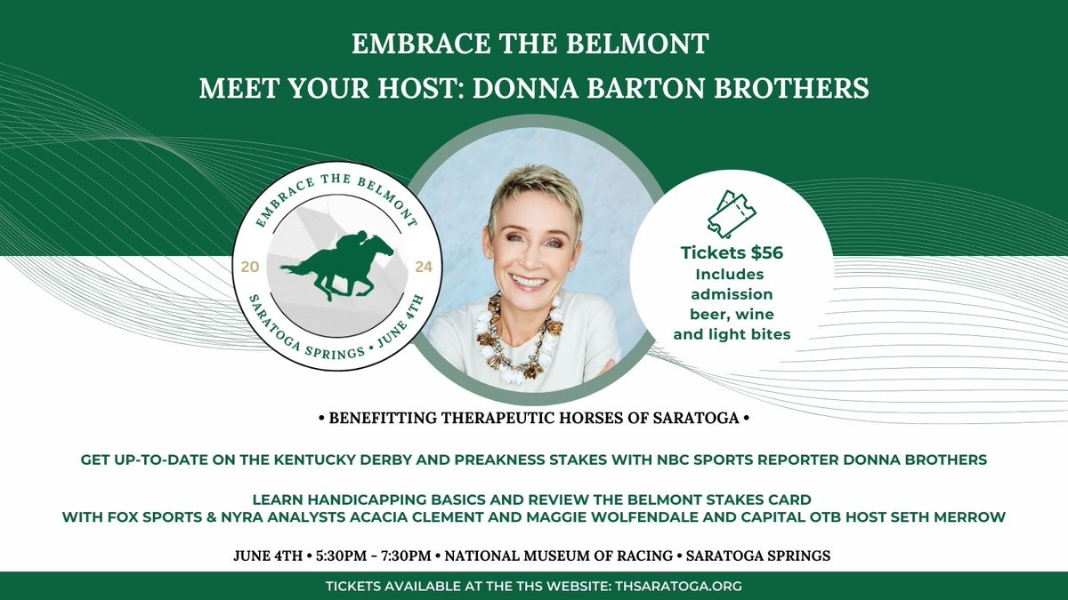 Don't miss this amazing event on 6/4 benefitting @TH_Saratoga. Hosted by @DonnaBBrothers, professional jockey from '87-'98 (retired as 2nd leading female jockey in the US by money earned), author & horse racing analyst for NBC Sports. Buy tickets here: tinyurl.com/yk23s8nk