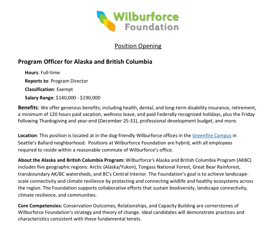 WHAT A GREAT JOB ➡️ Program Officer, Alaska & British Columbia, Wilburforce Foundation * Full time * Based in Seattle, travel in BC & Alaska * Salary $140k-190k USD + benefits * Application screening starts May 24 (until filled). wilburforce.org/wp-content/upl… #ConservationJobs