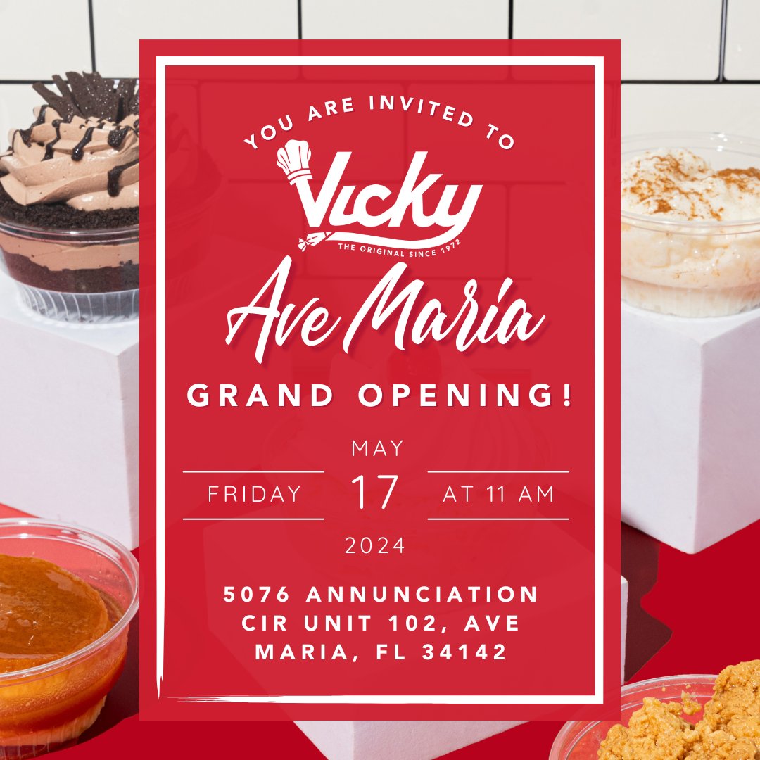 Que sweet it is to finally be serving up pastelitos in Ave Maria!😋☕

Join us this Friday, May 17th at 11AM to celebrate our newest Vicky Bakery store at our ribbon cutting ceremony.🎉

We can't wait to celebrate with you🥳✨

#VickyBakery #AveMaria #QueSweetItIs