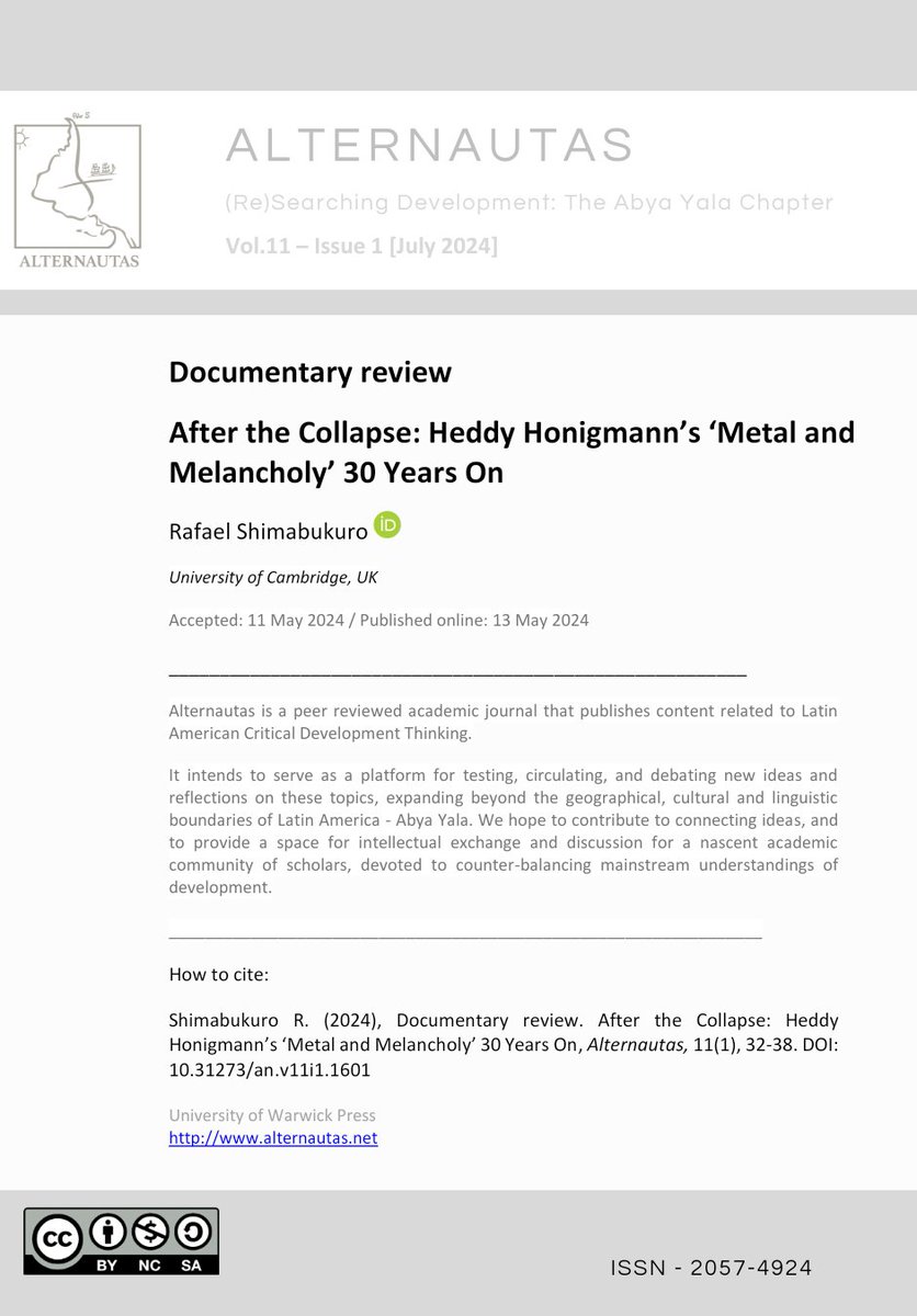 📢New early view documentary review
After the Collapse: Heddy Honigmann's 'Metal and Melancholy' 30 Years On
by @rafashimabukuro
🔗 journals.warwick.ac.uk/index.php/alte… 
#OpenAccess