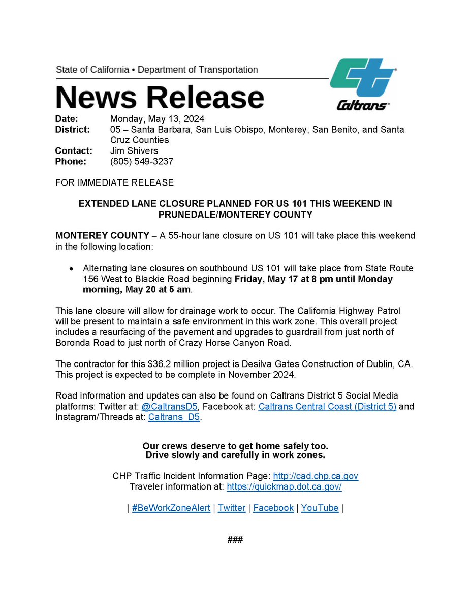 #MontereyCounty A 55-hour lane closure on US 101 this weekend:
➡️Alternating lane closures on southbound US 101 will take place from State Route 156 West to Blackie Road beginning Friday, May 17 at 8 pm until Monday morning, May 20 at 5 am to allow for drainage work to occur.