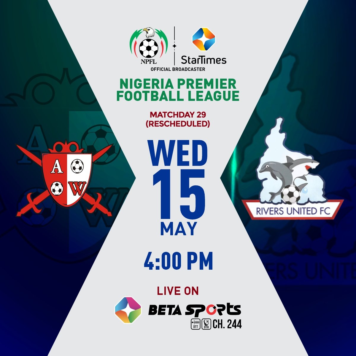 NEXT ▶️ We will face Abia Warriors in a rescheduled NPFL match on Wednesday, May 15 at 4pm. 🏟️ Umuahia Township Stadium 📺 Catch all the action on Beta Sports Channel 244 and get ready for the best of Naija Football. #NPFL24 || #MD29 || #ABIRIV
