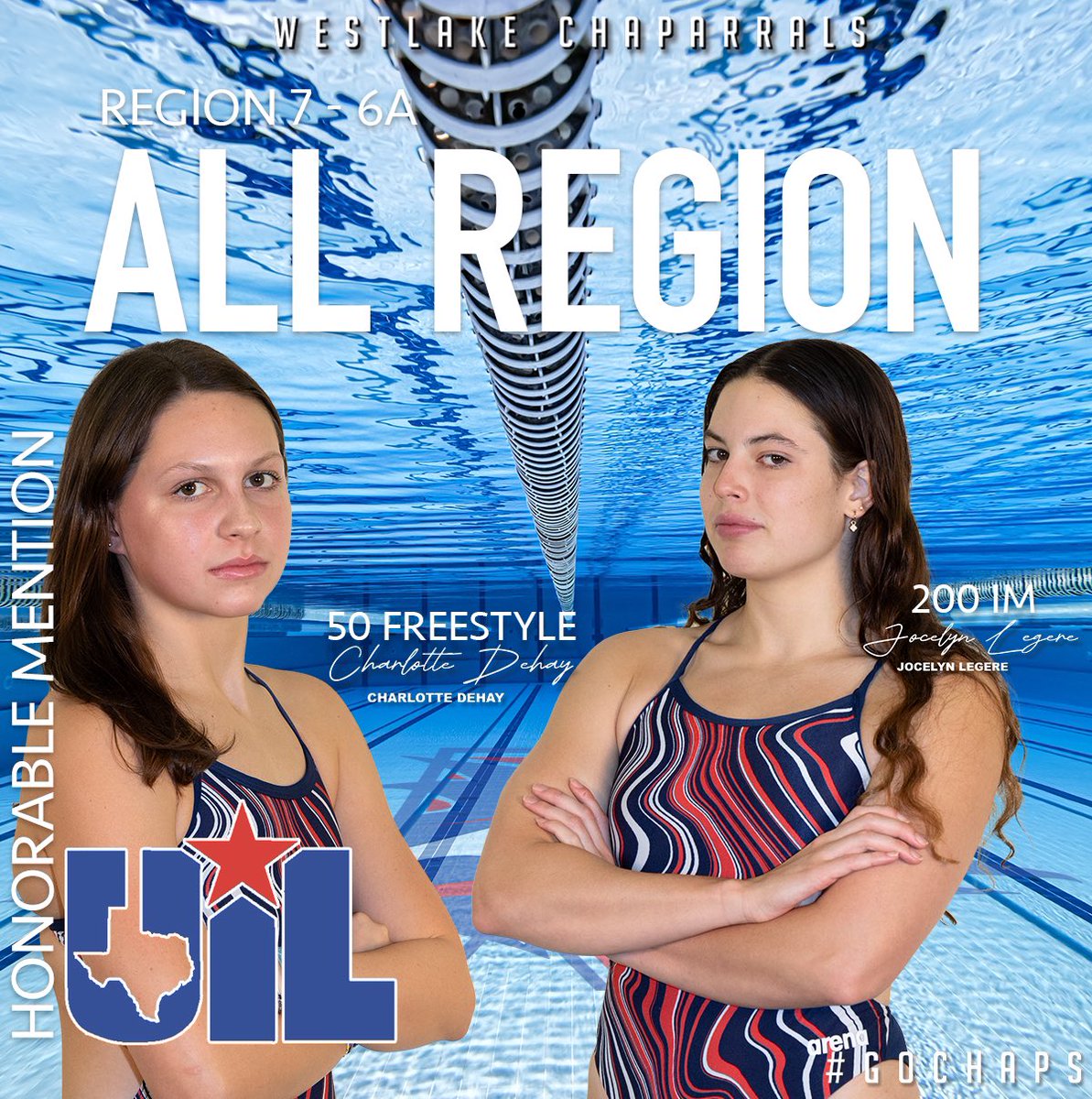 We head back to the pool to recognize the Chaps named to the 7-6A Women’s Swimming and Diving All-Region Team. Congratulations to Charlotte Dehay (50 Freestyle) and Jocelyn Legere (200 IM) on their selection as honorable mentions to the 7-6A All-Region Team. #GoChaps