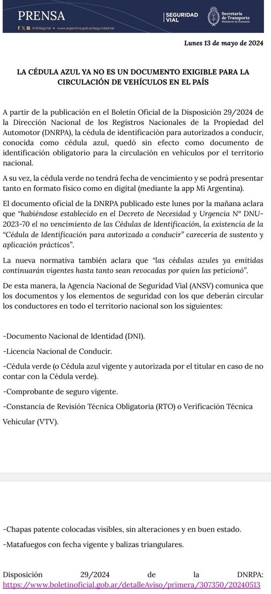 LA CÉDULA AZUL YA NO ES UN DOCUMENTO EXIGIBLE PARA LA CIRCULACIÓN DE VEHÍCULOS EN EL PAÍS.

Documentacion exible
DNI
LNC
Constancia de Revisión VTV
Cédula verde 
Comprobante de seguro vigente.
patente sin alteraciones 
Matafuegos vigente y balizas triangulares <a href="/aleginart/">Cronista de Tránsito</a>