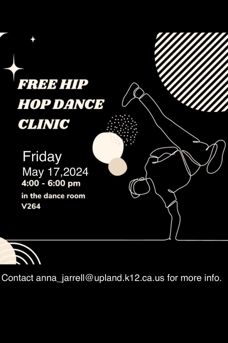 Come out and take a free dance class! Bring questions you may have about our 2024/25 Hip Hop dance tryouts. Wear comfortables dance clothes and tennis shoes.

Friday May 17
4:00-6:00
V264