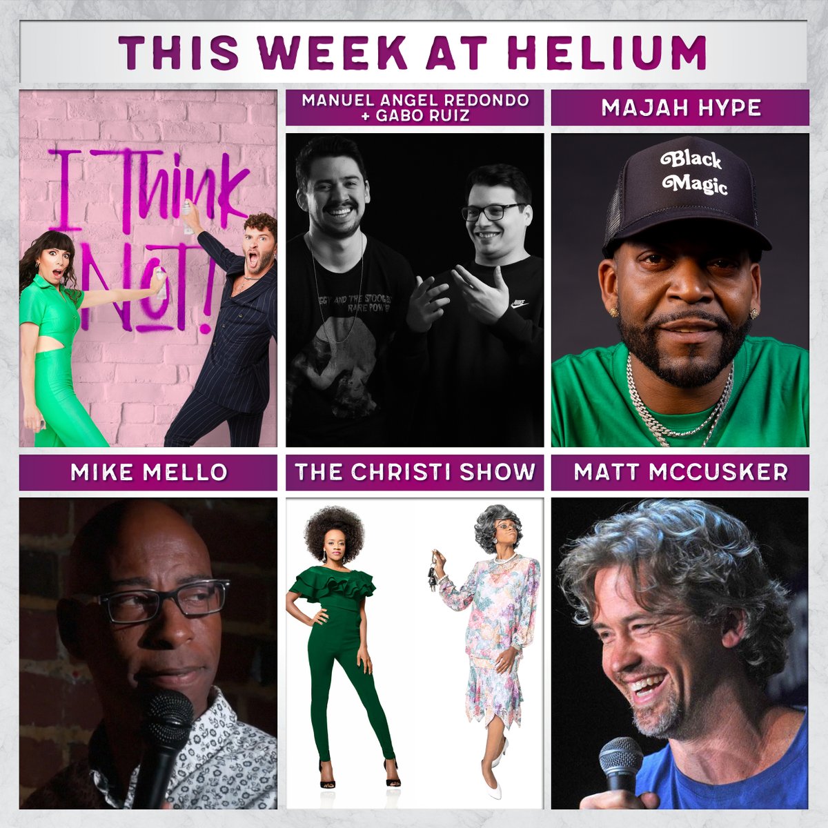 This Week at Helium | @ithinknotpod Live, @ManuelAngel & @EsGaboruiz, Majah Hype, @The_ChristiShow, Mike Mello will be Upstairs, + @mattwritesbooks headlines this weekend! Grab your tickets here: bit.ly/3QzPDCy