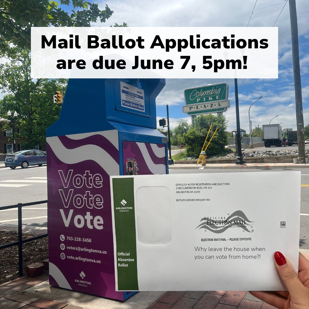 Want to vote by mail in the June 18, 2024 Dual Primary? All Virginia voters are eligible to vote by mail! The deadline to apply for a mail ballot is June 7 at 5pm! Apply here: vote.elections.virginia.gov/VoterInformati…

#ArlingtonVotes #Vote2024 #VoteByMail